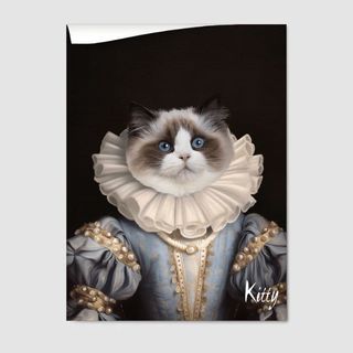 A portrait showing a cat named Kitty with her face superimposed on a royal outfit