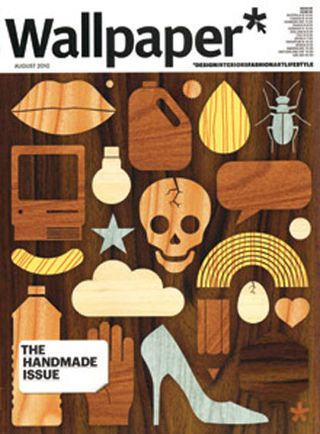 A wallpaper magazine cover with drawings of various items including lips, an old PC, a lightbulb, a scull, a bottle, a glove, a shoe, a cockroad, a quote, a heart, a table, a banana, a star.