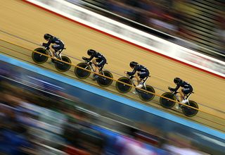 The New Zealand team compete in the Women's Team Pursuit during Day Three of the UCI Track Cycling World Championships