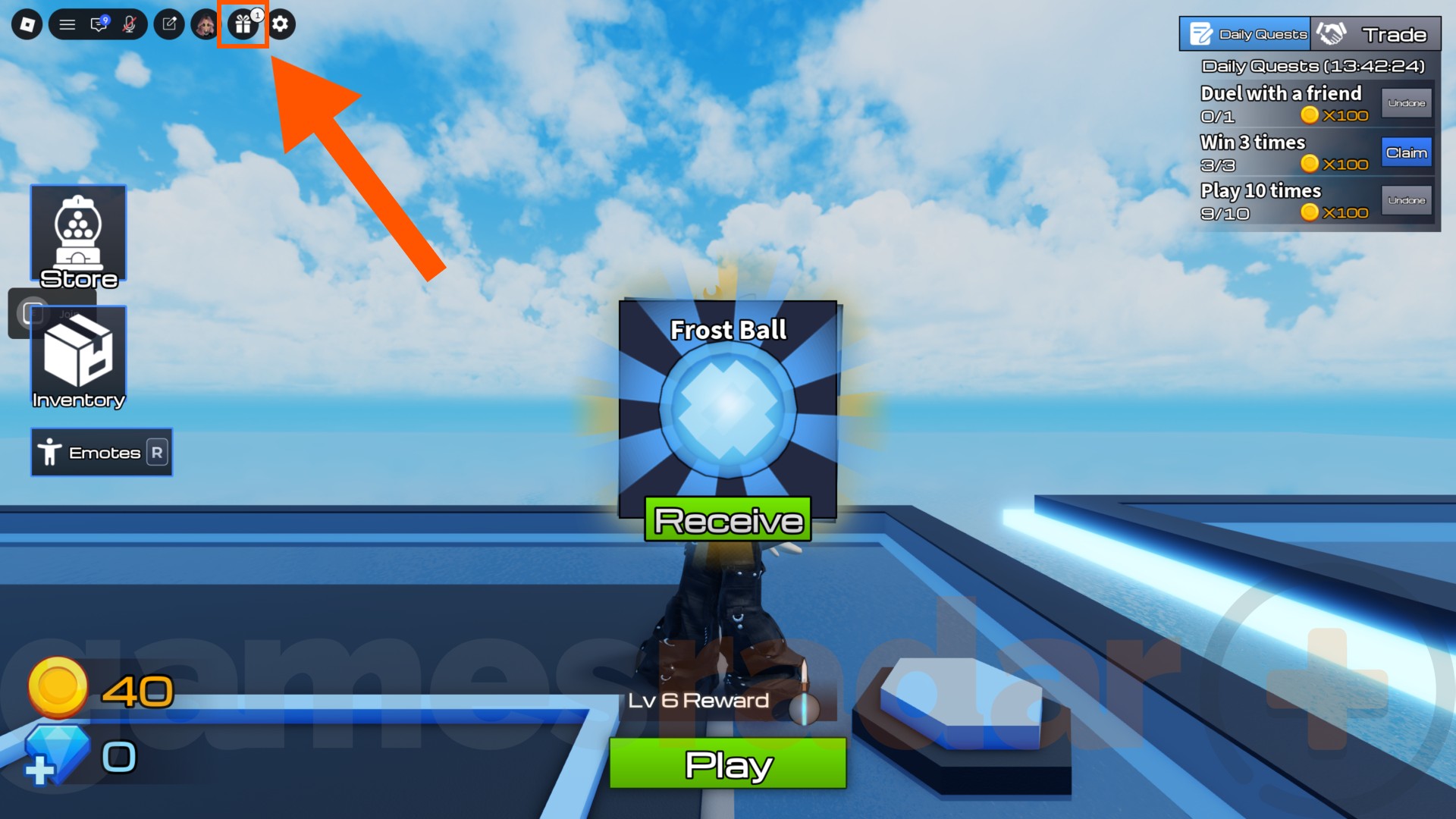An orange arrow points to the menu where you can redeem Ball vs Ball codes.