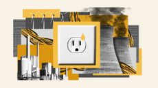 Photo composite of a power plant, cooling towers, wind turbines, solar panels, cables and an outlet socket