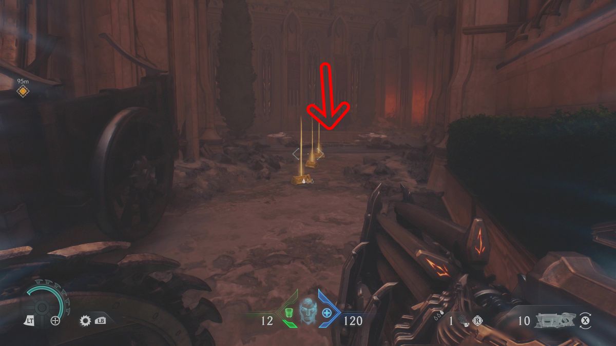 Doom: The Dark Ages Holy City of Aratum secrets - An arrow pointing down a well tucked between two buildings.