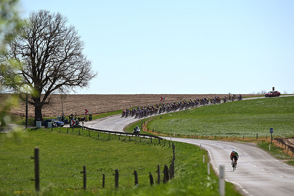 The peloton during the 10th Liege - Bastogne - Liege Femmes 2026. (Photo by Luc Claessen/Getty Images)