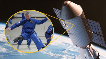 An illustration of the Haven-1 space station in orbit around Earth with an inert of McFall floating in simulated microgravity