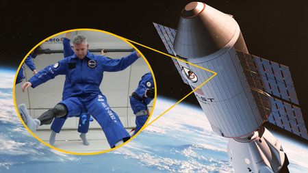 An illustration of the Haven-1 space station in orbit around Earth with an inert of McFall floating in simulated microgravity