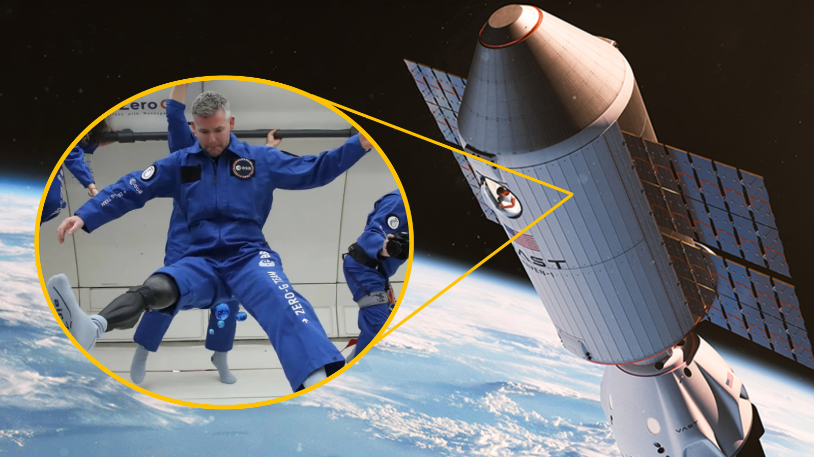 An illustration of the Haven-1 space station in orbit around Earth with an inert of McFall floating in simulated microgravity