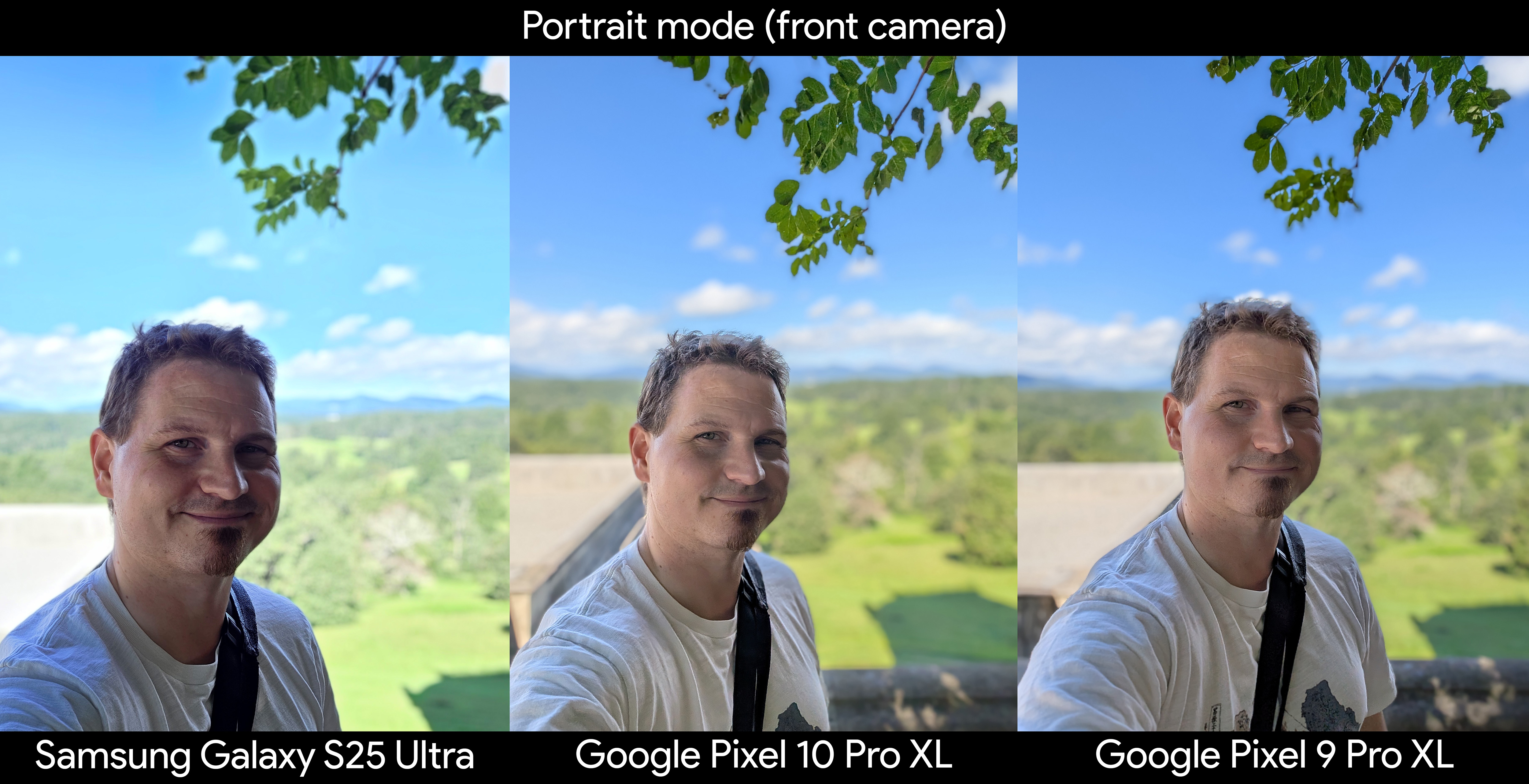 Comparing portrait mode quality from the front-facing camera of the Google Pixel 10 Pro XL, Samsung Galaxy S25 Ultra, and Google Pixel 9 Pro XL