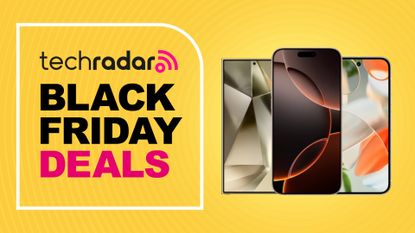 iPhone 16 Pro, Galaxy S24 Ultra, and Google Pixel 9 on yellow background with TechRadar Black Friday deals text overlay