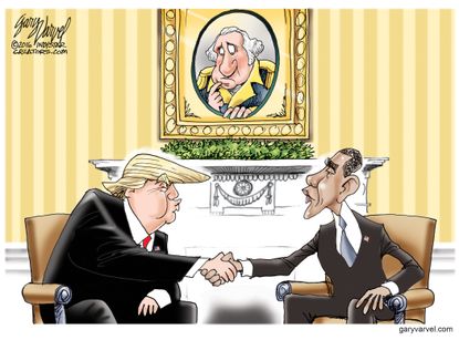 Political cartoon U.S. Barack Obama Donald Trump meeting