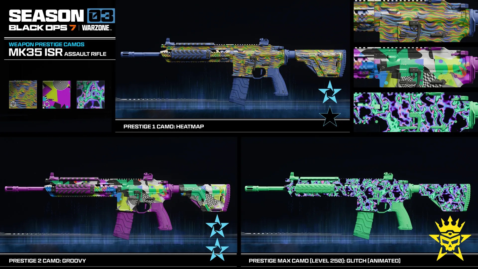 Call of Duty: Black Ops 7 Season 3 screenshots including weapon prestige camos, new mode gameplay for freerun and demolition, and new operator skins.