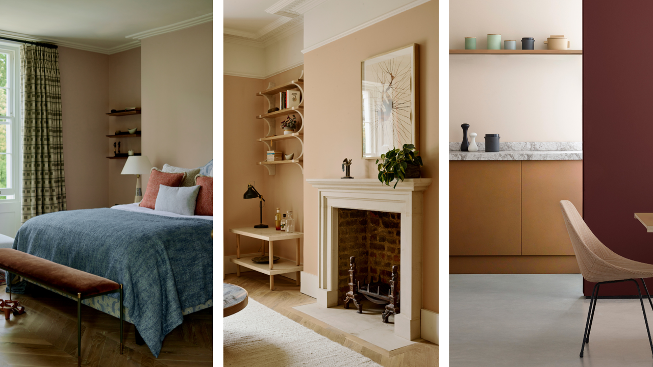 images showing a bedroom, living room and kitchen in a soft peach tone 