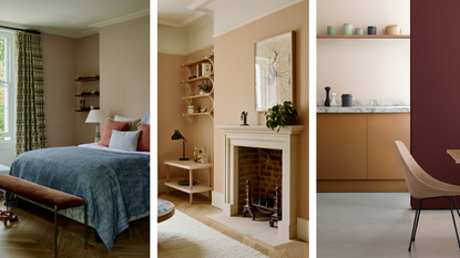 images showing a bedroom, living room and kitchen in a soft peach tone 