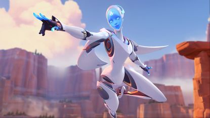 Echo poses heroically in this Overwatch screenshot.