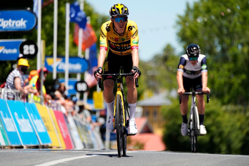 LOBETHAL AUSTRALIA JANUARY 27 Rohan Dennis of Australia and Team Vaw Villawood crosses the finishing line during the 2nd Santos Festival Of Cycling 2022 Mens Elite Stage 1 a 1142km stage from Stirling to Lobethal TourDownUnder on January 27 2022 in Lobethal Australia Photo by Daniel KaliszGetty Images