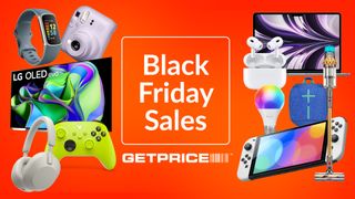 A range of tech products are arranged on a red background. Text in the middle reads 'Black Friday sales'.