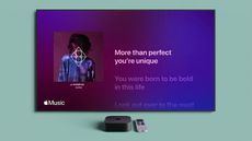 Apple TV 4K on a green background with Apple Music playing on a screen