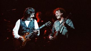 Photo of Jack BRUCE and BBM and Ginger BAKER and Gary MOORE; L-R: Ginger Baker (drums), Gary Moore, Jack Bruce performing live onstage
