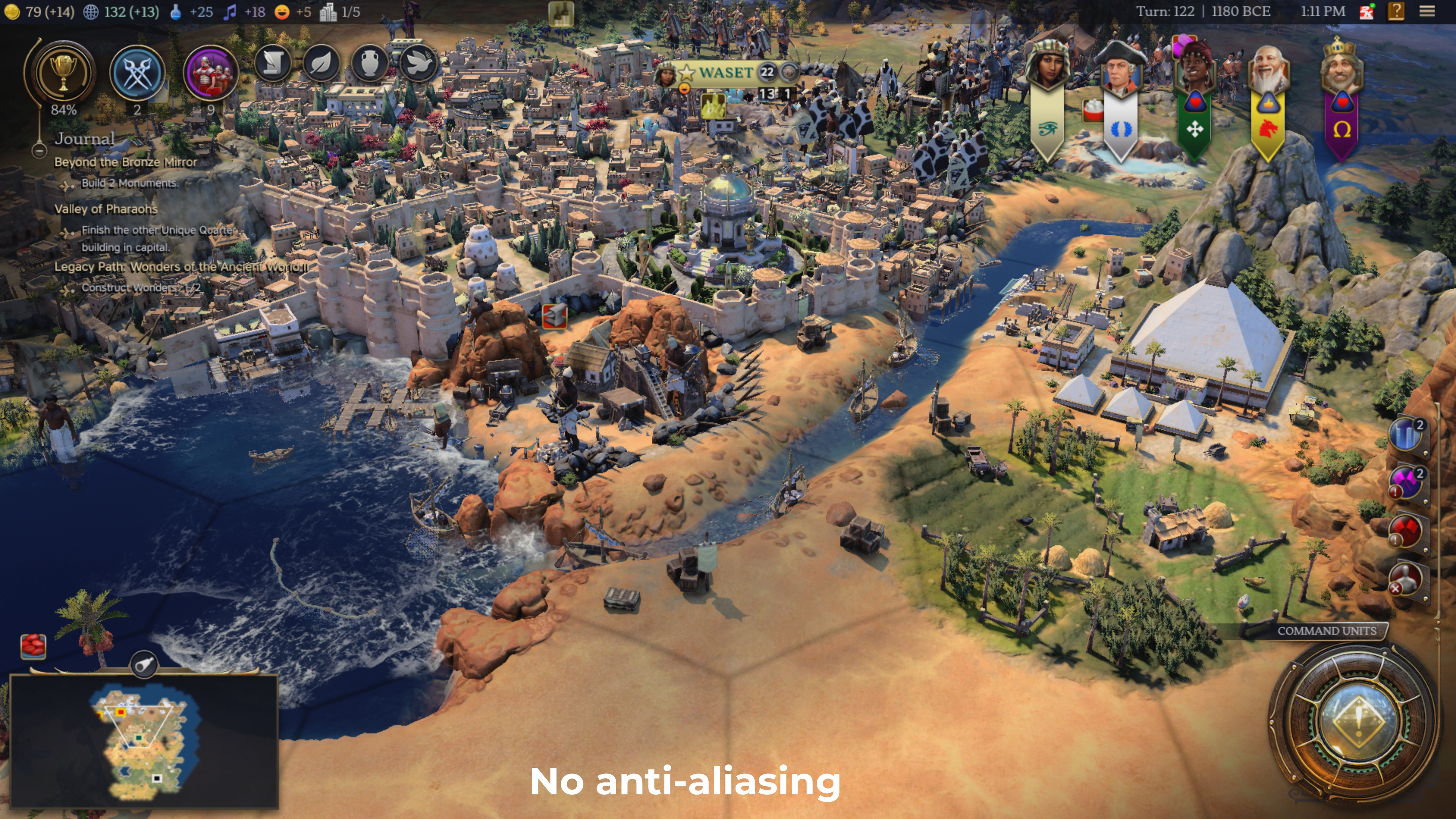 A screenshot from Civilization 7, showing the impact of anti-aliasing on the game's graphics