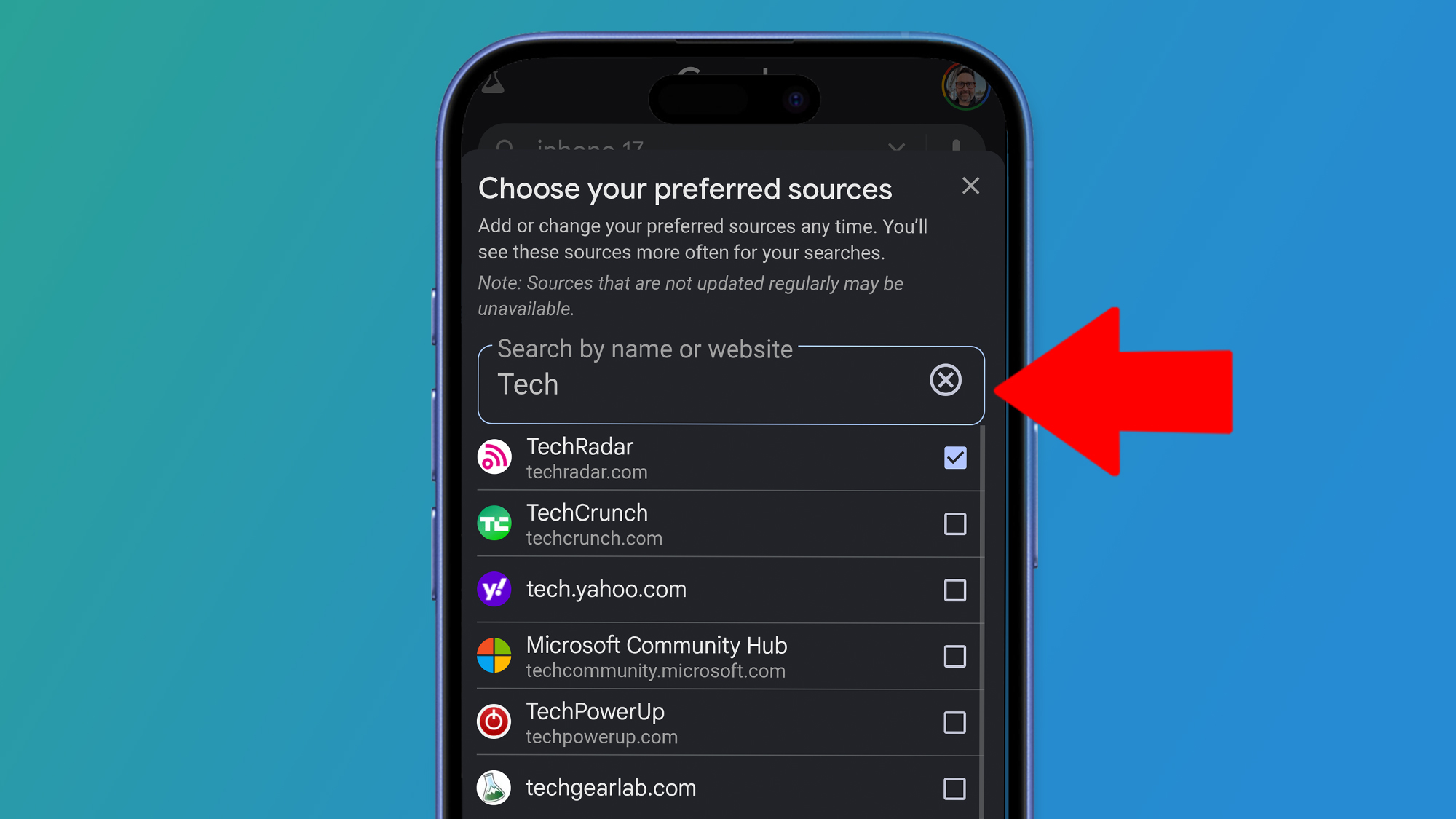 A phone on a blue background showing how to choose websites as your preferred sources in Google&#039;s Top Stories