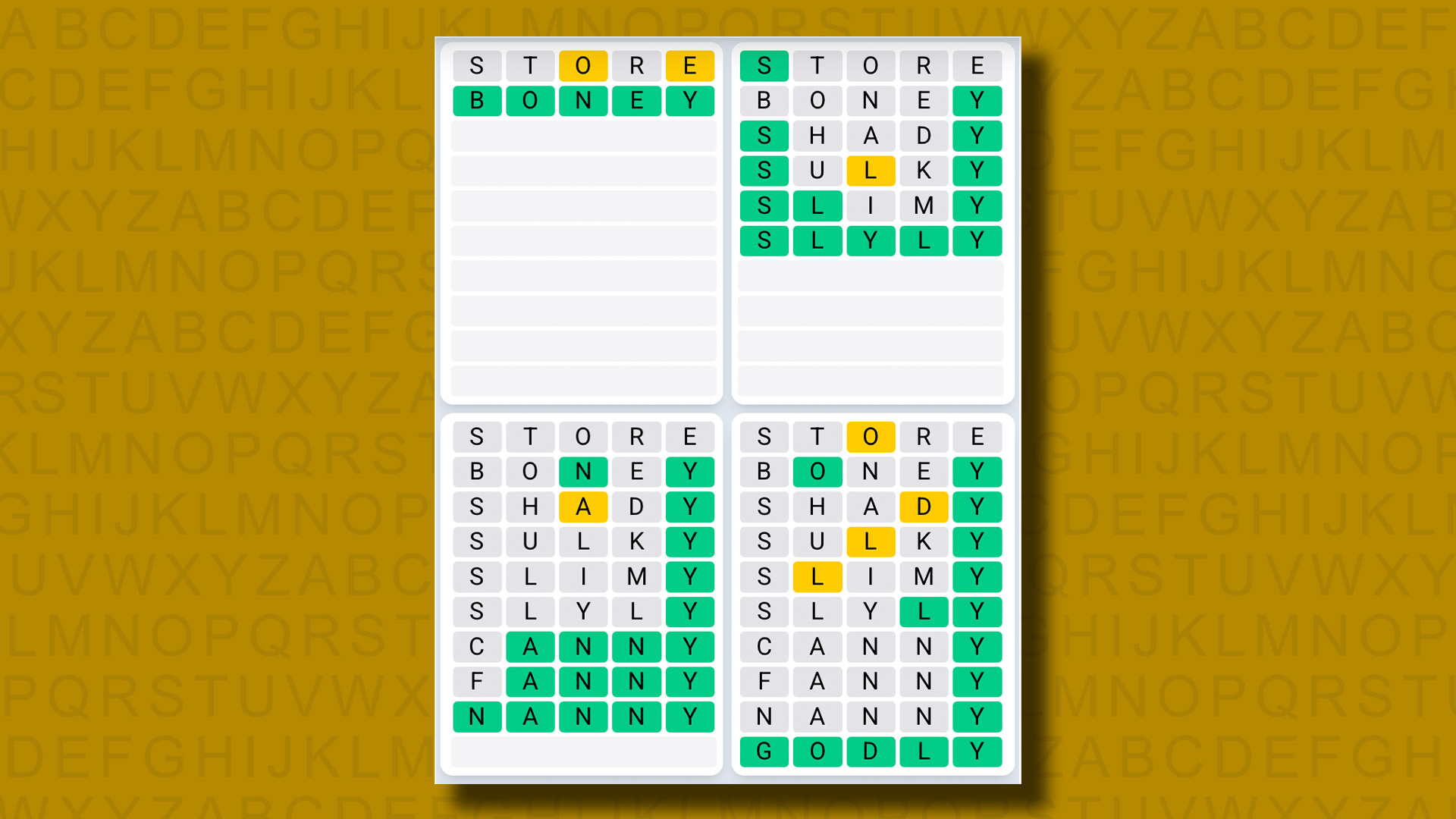 Quordle On daily foundation Sequence solutions for game 1100 on a yellow background