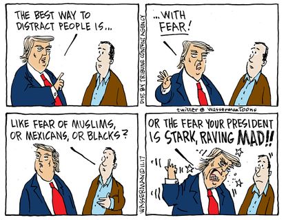 Political cartoon U.S. Trump xenophobia mad