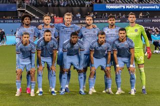Manchester City own NYCFC starting eleven pose before the last game of the MLS regular season against Chicago Fire FC at Citi Field. NYCFC won the game 1 - 0. Both teams were eliminated from post-season. (Photo by Lev Radin/Pacific Press/LightRocket via Getty Images)