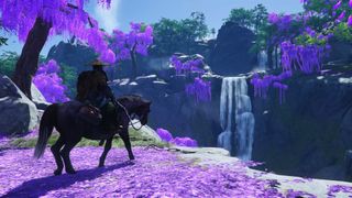 Ghost of Tsushima horse choice - a samurai is riding a horse towards a ravine with purple blossoms on trees nearby