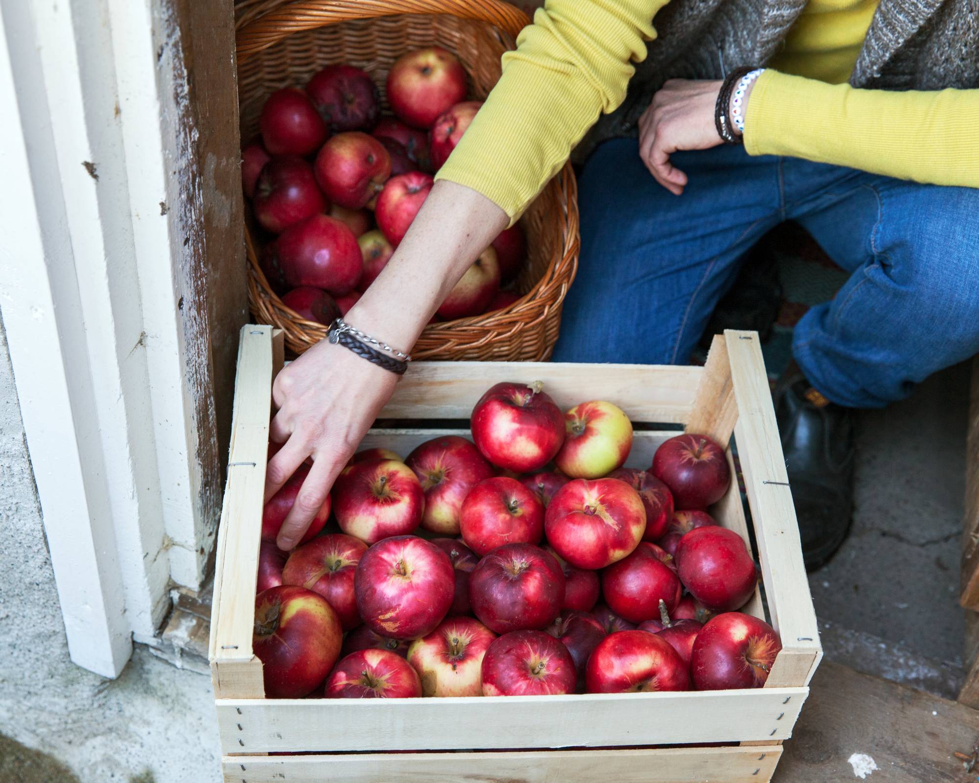 Storing apple harvest in wood crate