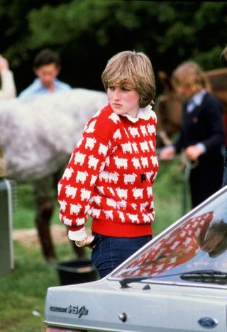 Diana, Princess of Wales wears a wool jumper decorated with