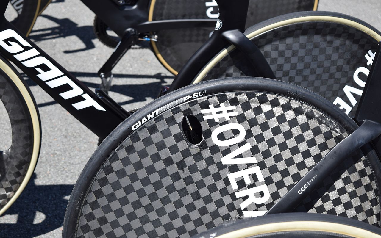 CCC Team's Laurens ten Dam appeared to be racing on tyres from Giant
