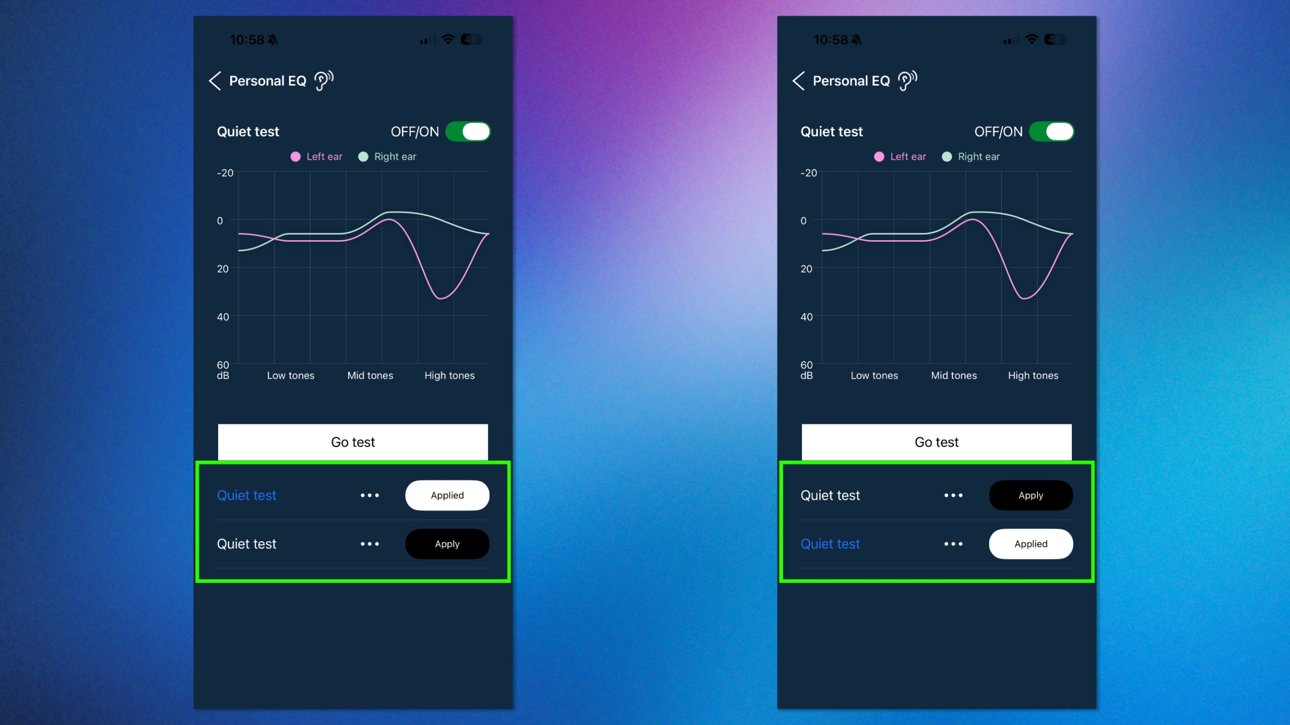 Two screenshots of the Noble Audio FoKus mobile app showing two sets of different custom EQs.