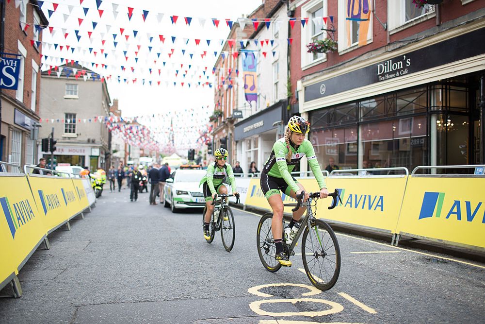 Alison Tetrick (USA) of Cylance Pro Cycling ride to the sign-on before the start of the Aviva Women's Tour 2016 - Stage 3