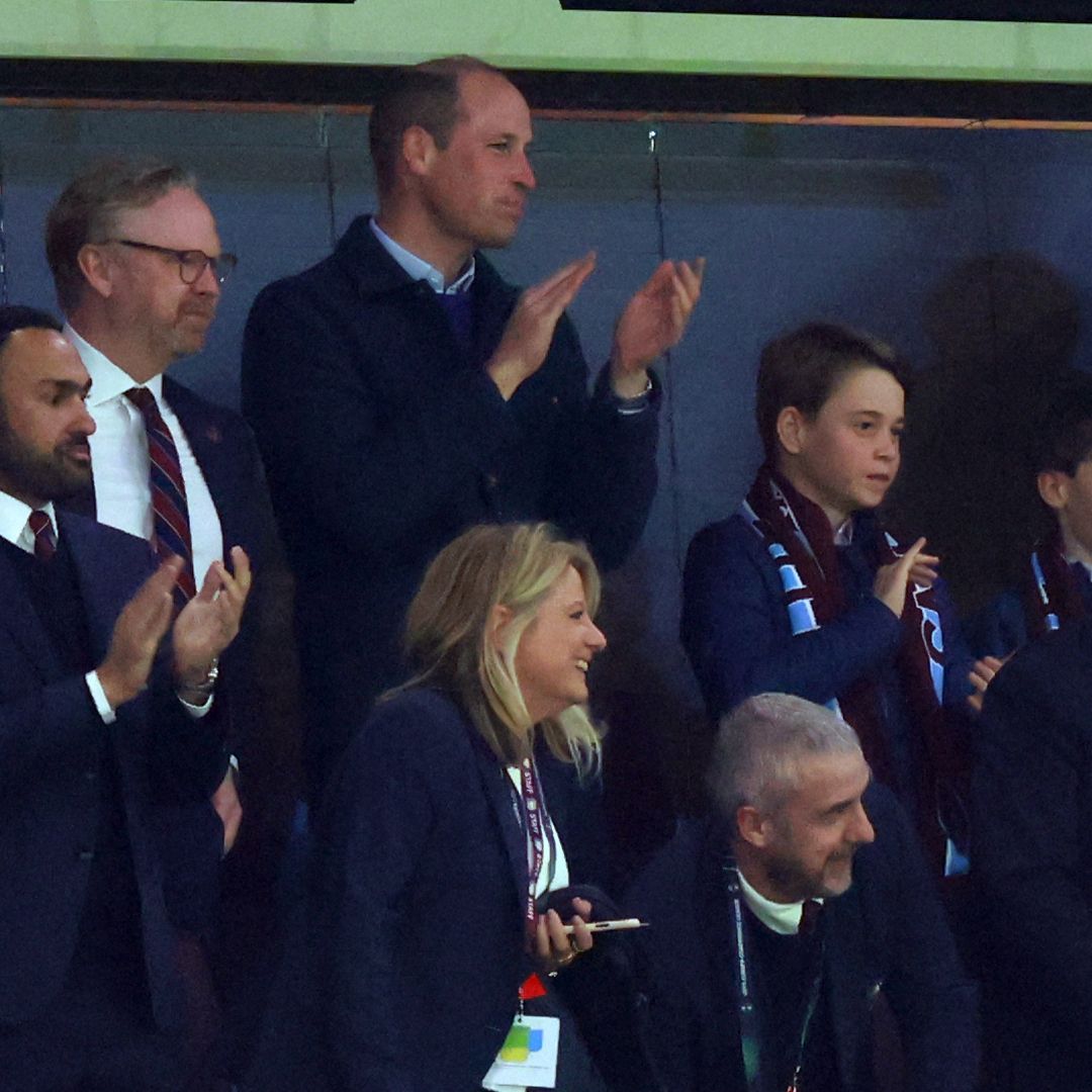  Prince William, Prince of Wales and Prince George of Wales look on alongside Tyrone Mings of Aston Villa during the UEFA Europa Conference League 2023/24 Quarter-final first leg match between Aston Villa and Lille OSC at Villa Park on April 11, 2024 in Birmingham, England.