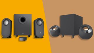 Logitech Z407 and Creative Pebble Plus desktop speakers against a TechRadar background