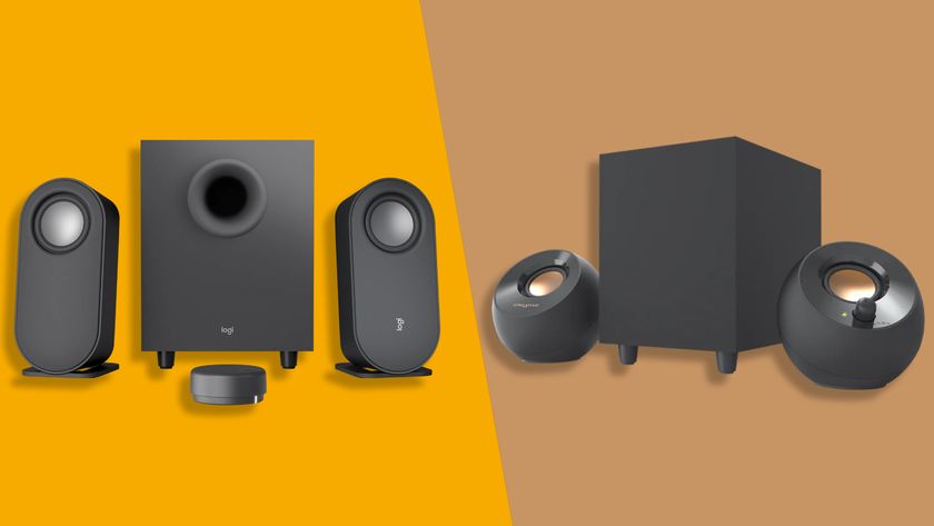 Logitech Z407 and Creative Pebble Plus desktop speakers against a TechRadar background