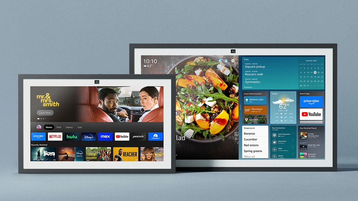 The Amazon Echo Show 15 and Echo Show 21 sitting next to each other on a blue background