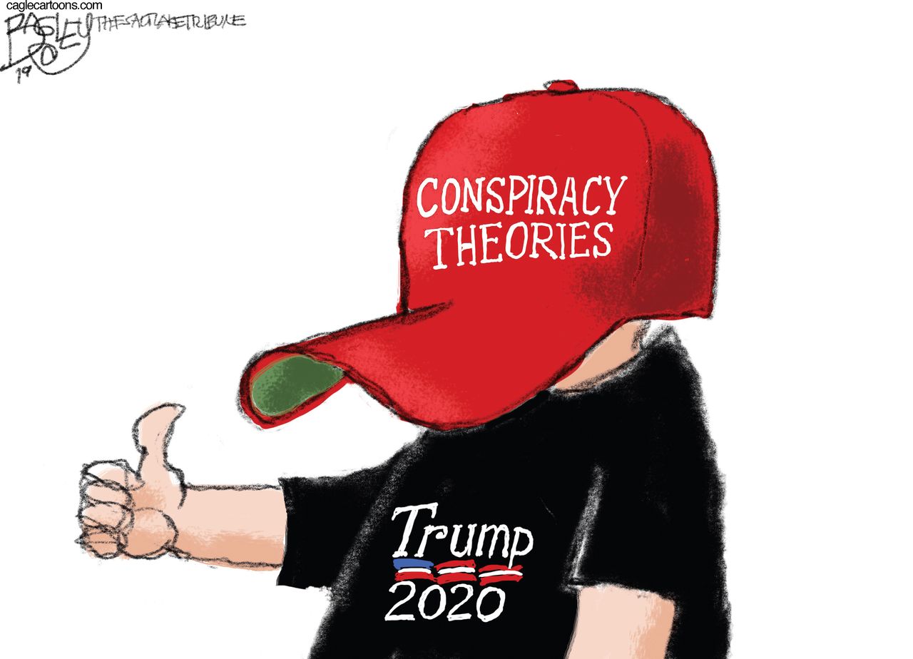 Political Cartoon U.S. 2020 Trump Supporters Conspiracy Theories Hat