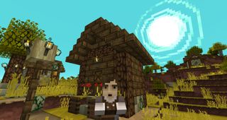 Minecraft texture packs - Joliecraft - A whimsical sun rises in the sky behind a villager with a surprised face walking out of a house with muted wood colors