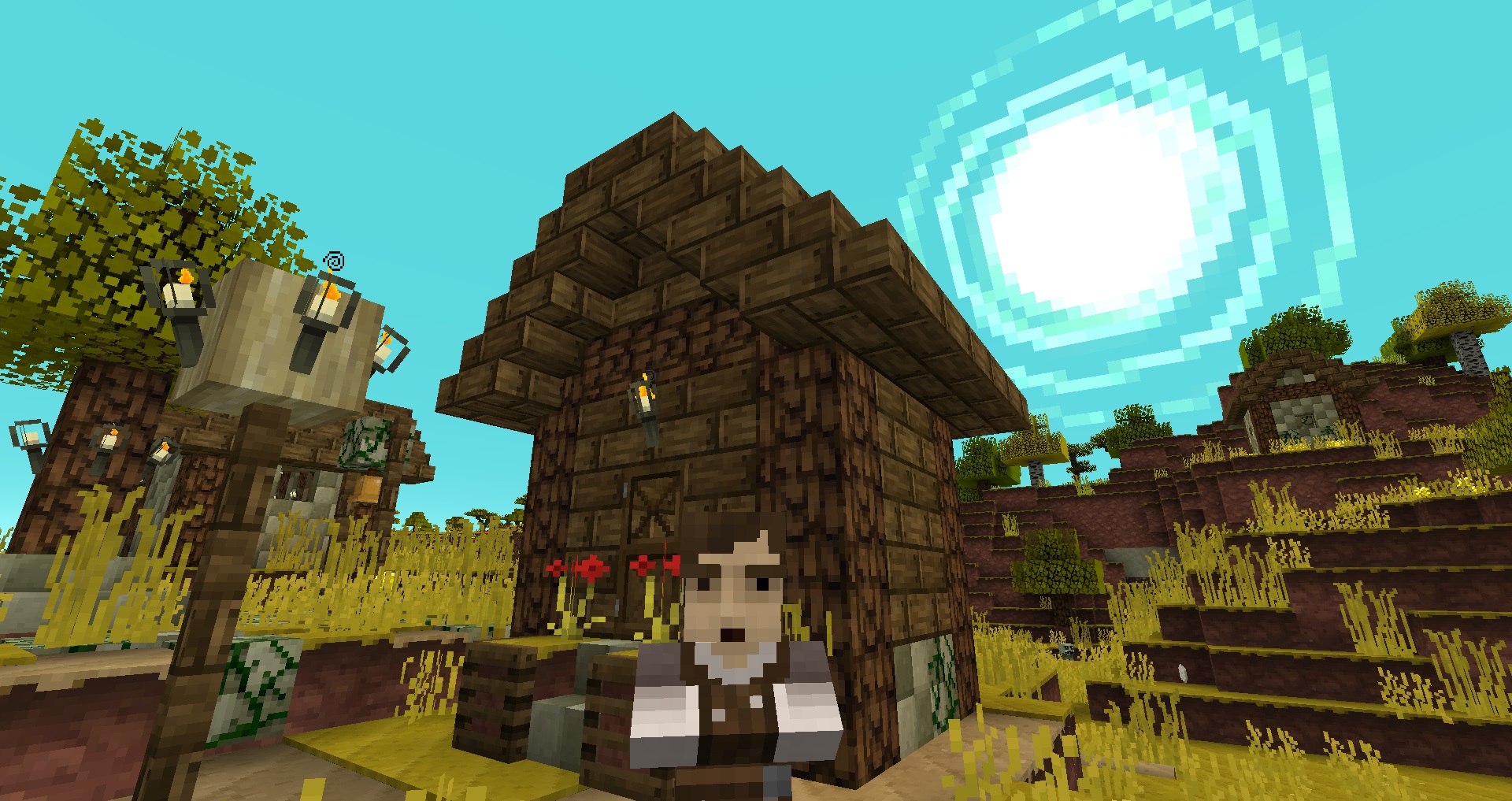 Minecraft texture pack - Joliecraft - A whimsical sun rises in the sky behind a villager with a surprised face walking out of a house with muted wood colors