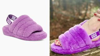 purple ugg shoe in fluffly fabric