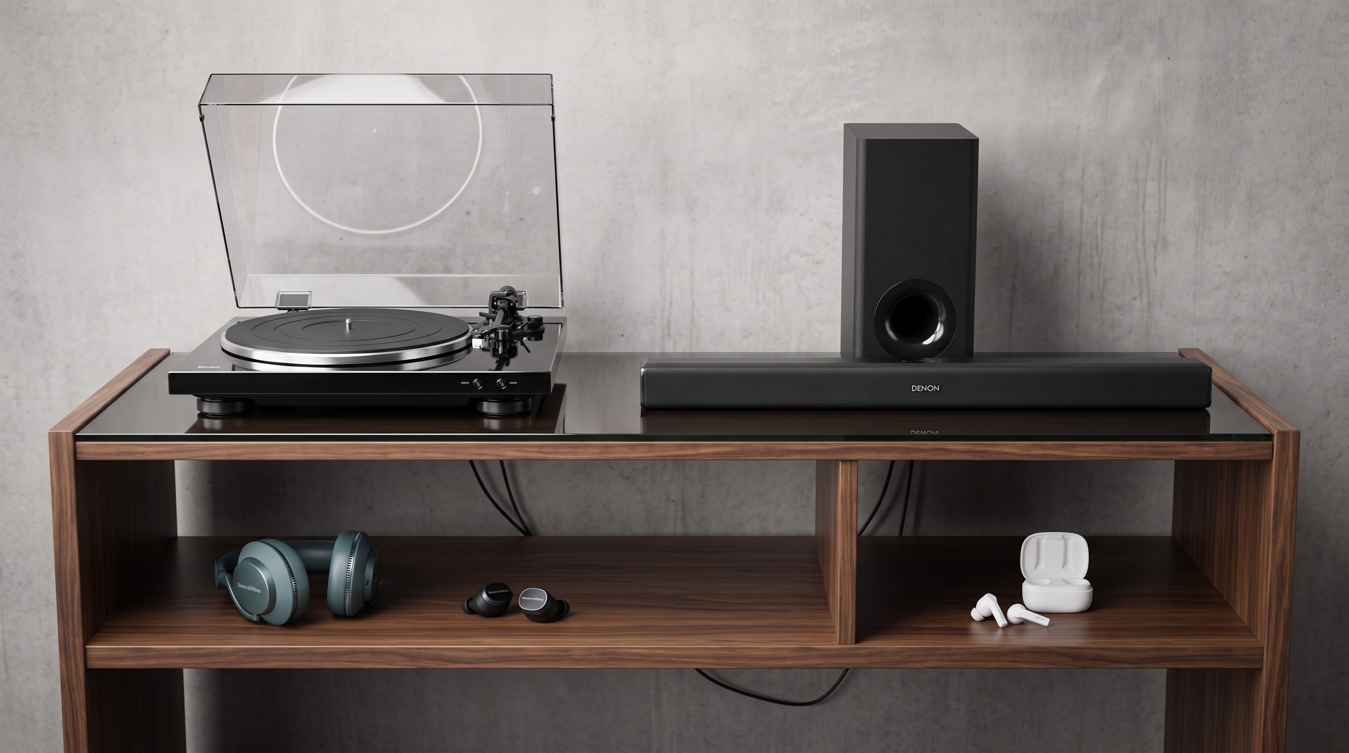 A selection of hi-fi and audio products arrange in a typical media room setting.