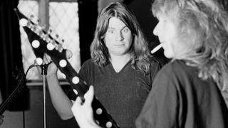 Ozzy Osbourne records the 'Blizzard of Ozz' album with guitarist Randy Rhoads (1956-1982) at Ridge Farm Studio in West Sussex, England in May 1980.