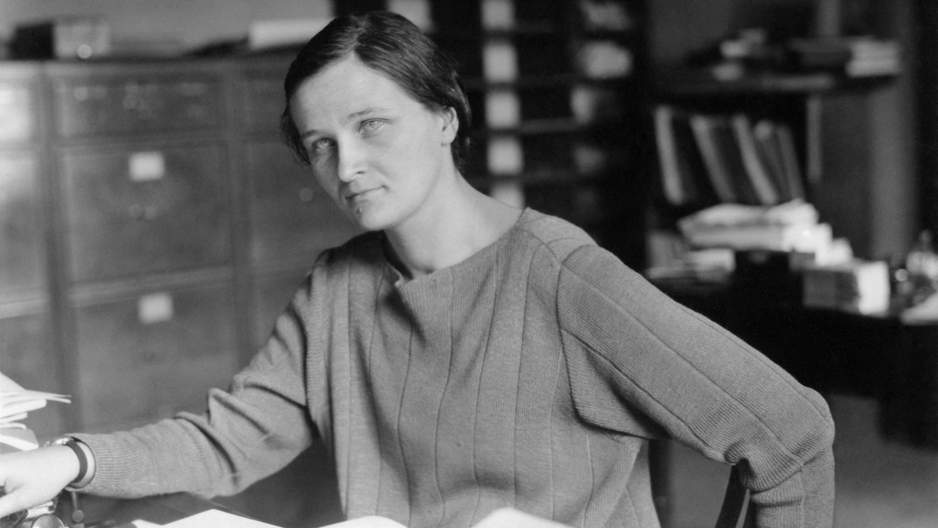 Black and white photograph of Cecilia Payne-Gaposchkin (1900-1979) at Harvard College Observatory.