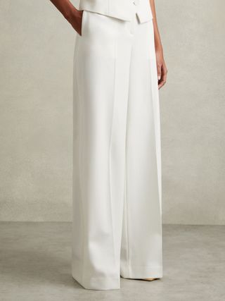 Wool Blend Wide Leg Tux Trousers in White