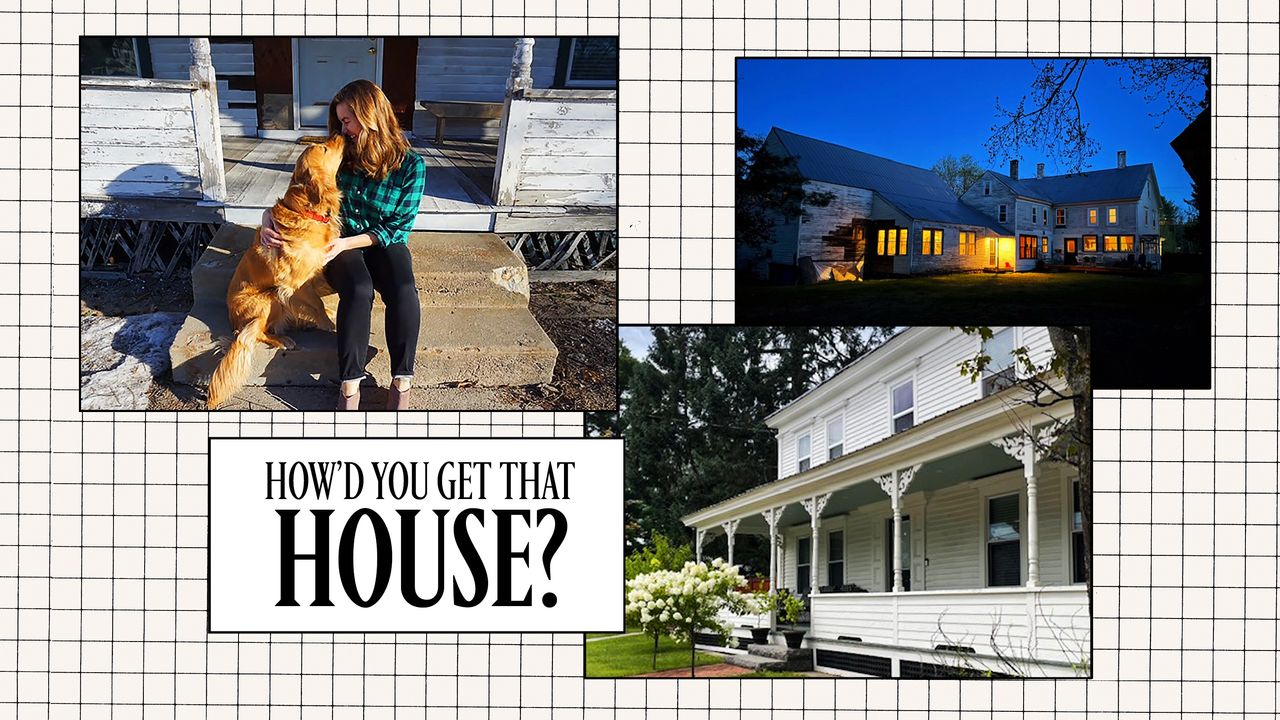 A collage of photos: one of a woman on her stoop with a golden retriever, the others of a white two-story home.