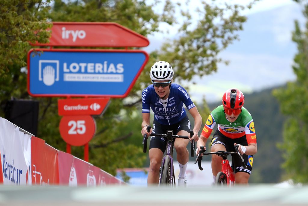 JACA SPAIN MAY 02 LR Yara Kastelijn of The Netherlands and Team FenixDeceuninck on second place and Elisa Longo Borghini of Italy and Team Lidl Trek on third place sprint at finish line during the 10th La Vuelta Femenina 2024 Stage 5 a 1139km stage from Huesca to Alto del Fuerte Rapitan Jaca 1103m UCIWWT on May 02 2024 in Jaca Spain Photo by Alex BroadwayGetty Images