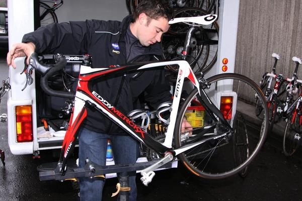 The Quick Step mechanic gets the bikes ready for the recon ride.