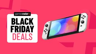 Nintendo Switch OLED on a pink background with Black Friday deals badge