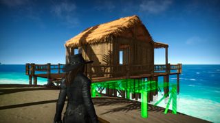 Forgotten Seas - a player stands in front of a shoreside shack attempting to place a wooden dock