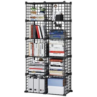 A black metal cage-like bookshelf features a modular design and 10 shelves